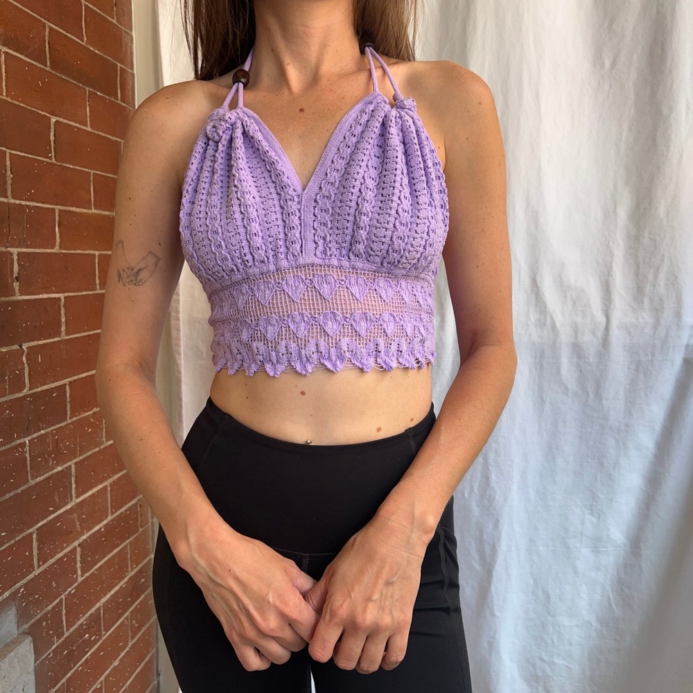 Purple Crochet Halter Top Boho Festival Fairycore Beachwear Crop Top S/M